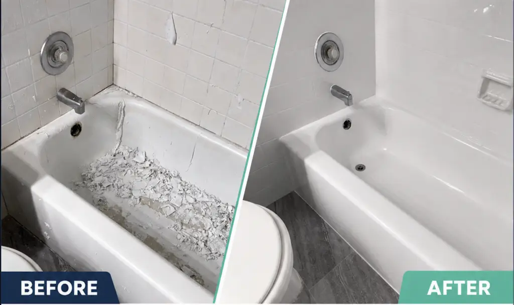 Before and after bathtub refinishing in a Lincoln Park apartment