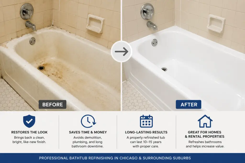 Before and after bathtub restoration in a Chicago area bathroom