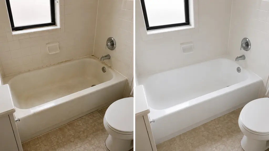 Before and after rental apartment bathtub refinishing in the Chicago area Do not write “Rogers Park project” unless the image represents an actual Rogers Park job.