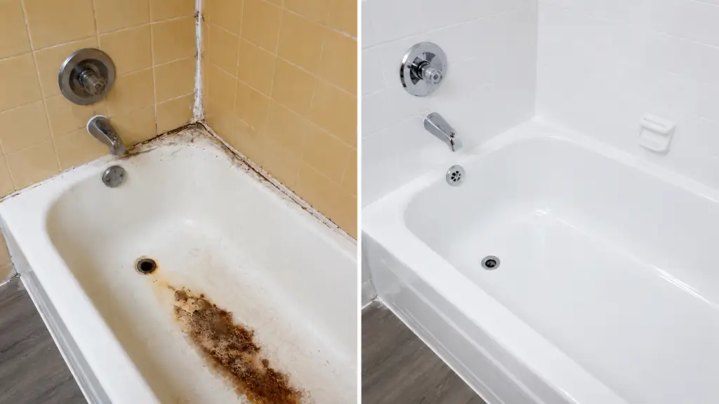 Before and after rusty bathtub refinishing in an Evanston bathroom