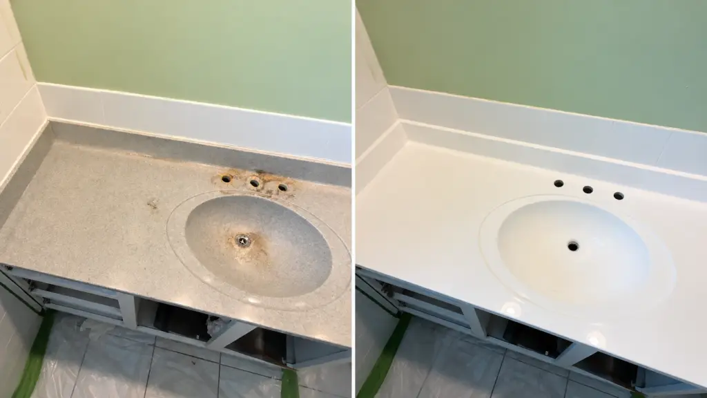 Before and after bathroom sink color change in a Chicago-area bathroom