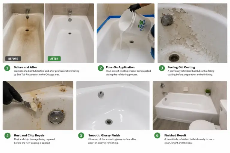 Before and after bathtub refinishing by Eco Tub Restoration in the Chicago area