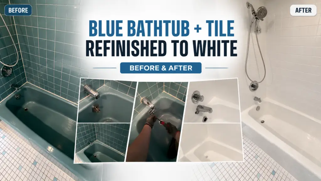 Before and after blue cast-iron bathtub and ceramic tile refinished white