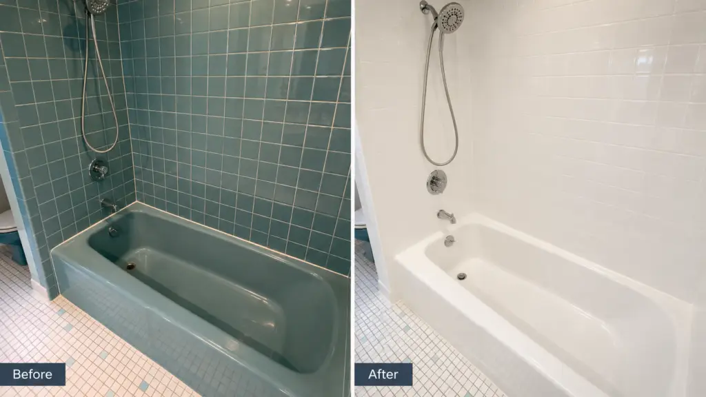 Before and after blue cast-iron bathtub and tile refinished white