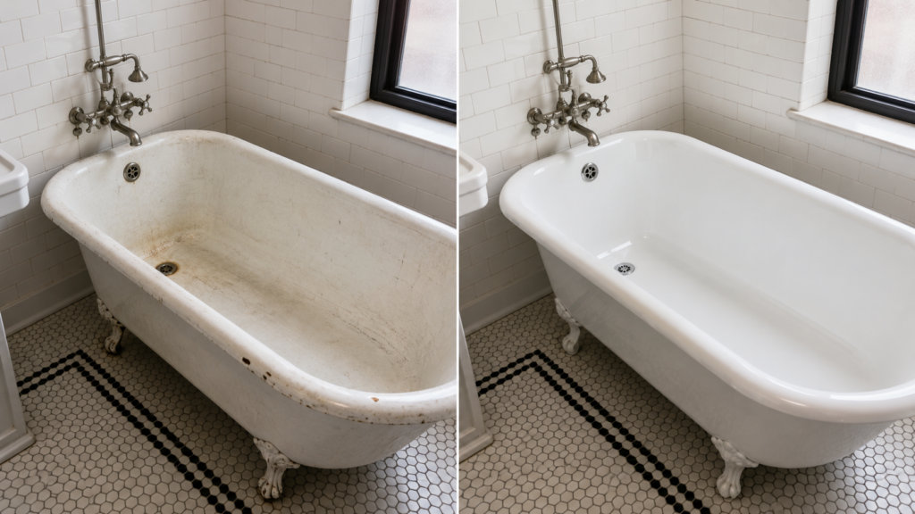 Illustrative before and after cast-iron bathtub restoration in a Chicago bathroom