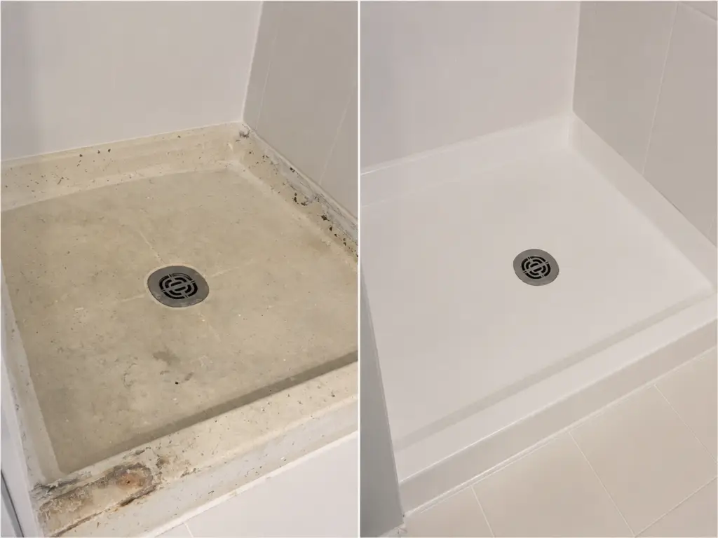 Before and after shower base refinishing in a Chicago-area bathroom